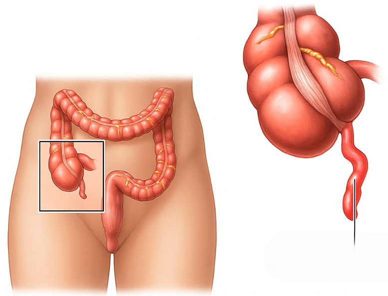 acute appendicitis illustration showing inflamed appendix causing abdominal pain