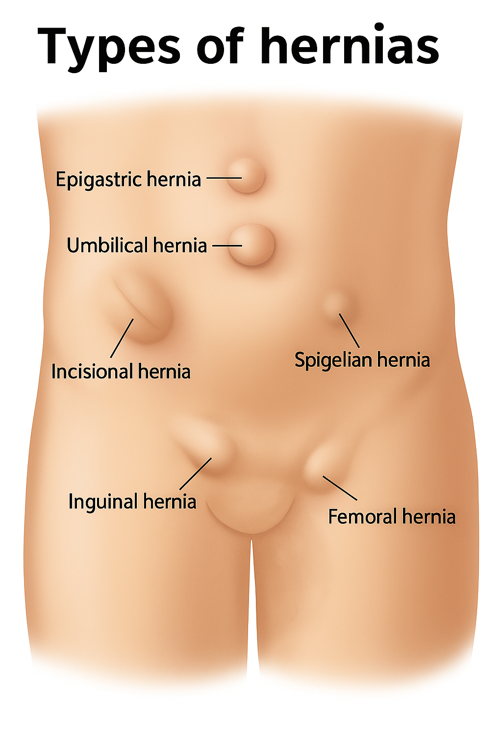 Types of hernia illustration showing abdominal hernia treated with robotic and laparoscopic surgery by Dr Parul Garg in Mohali for patients from Srinagar and Jammu Kashmir