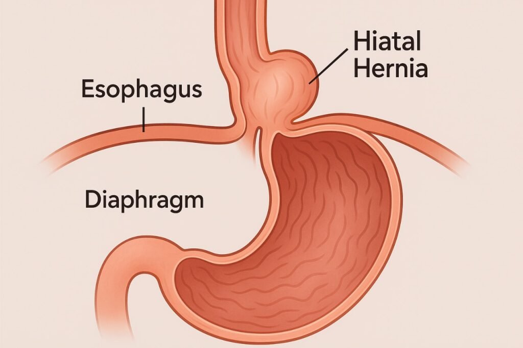 Hiatal hernia illustration showing stomach pushing through diaphragm