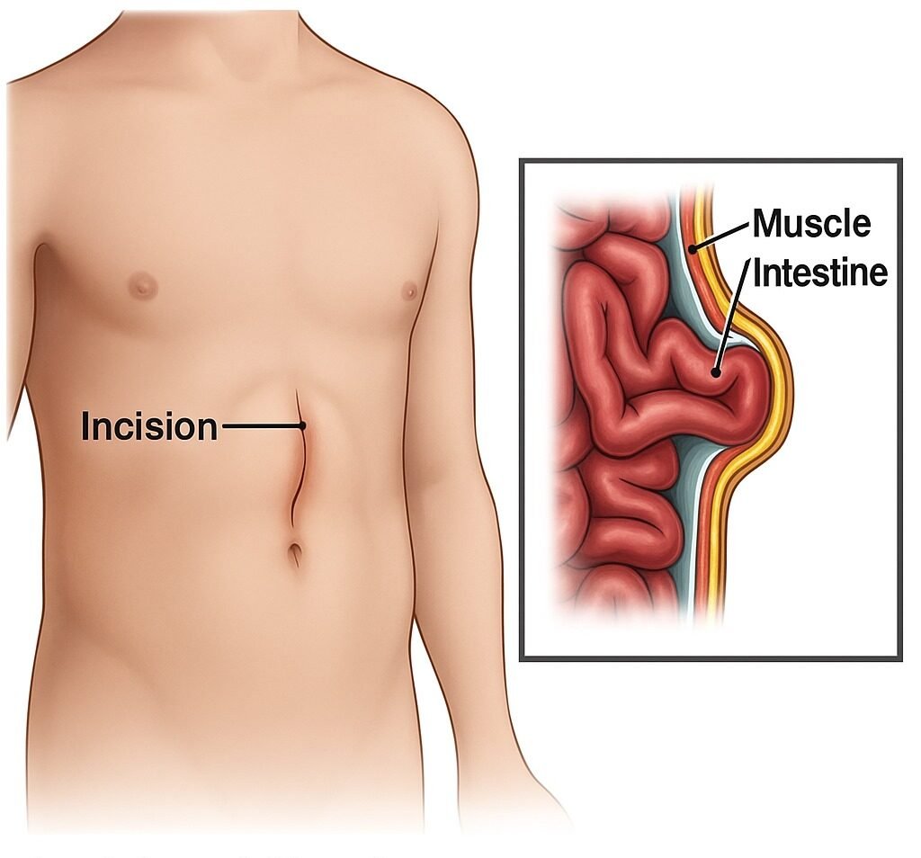 Incisional hernia bulge at previous abdominal surgery scar illustration