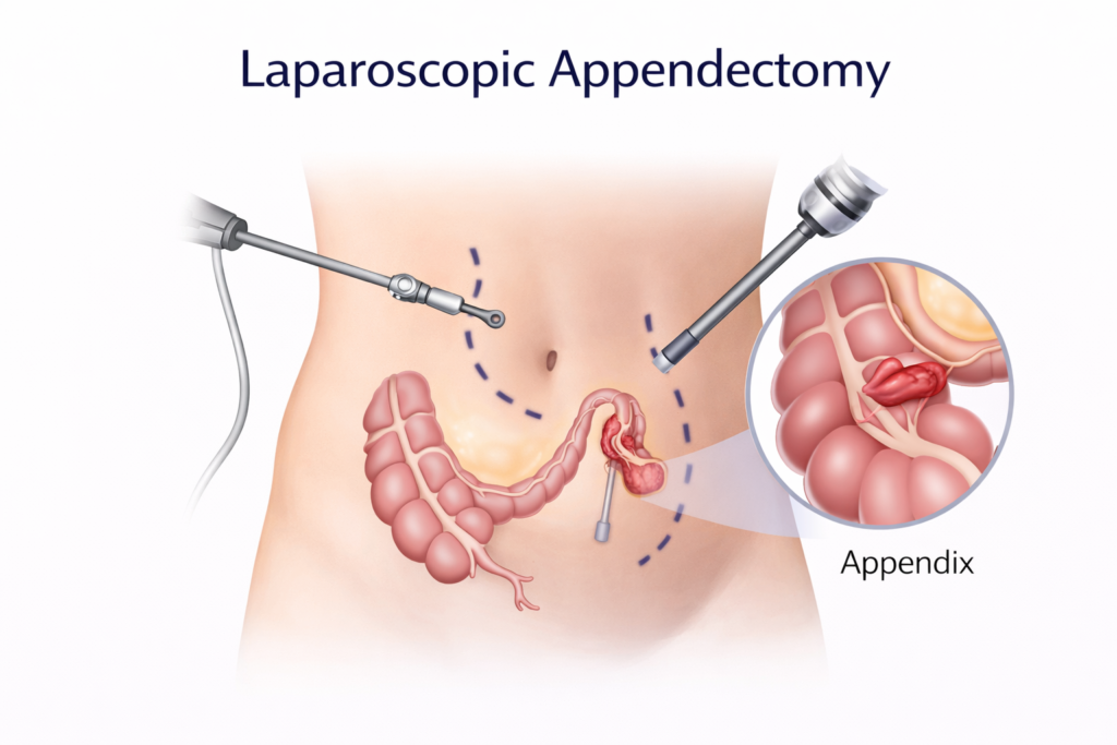 laparoscopic appendectomy procedure showing minimally invasive removal of appendix using small incisions