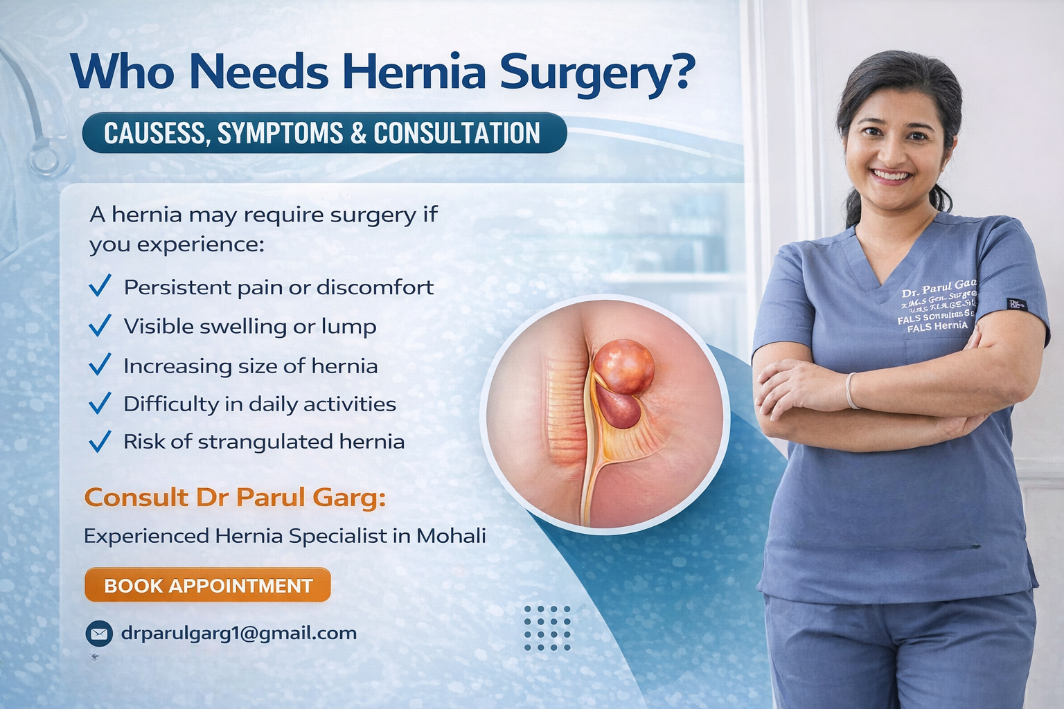 Female hernia surgeon Dr Parul Garg explaining hernia symptoms and need for surgery in Mohali with laparoscopic treatment illustration
