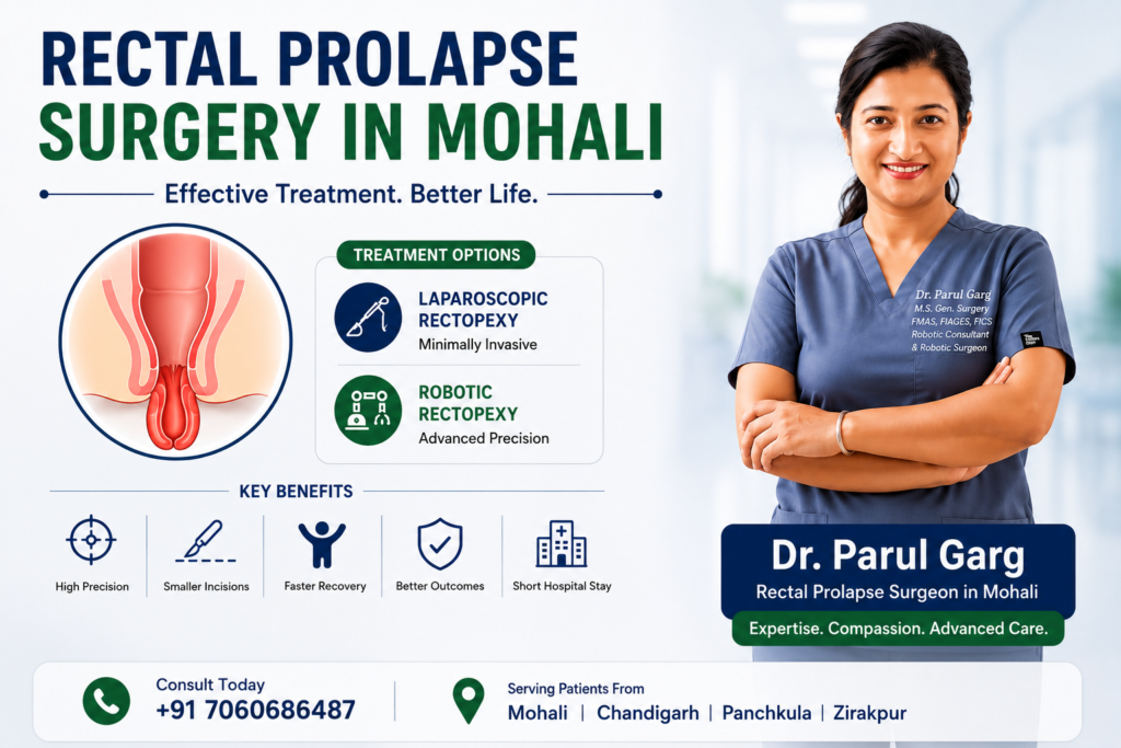 Best Rectal Prolapse Surgery in Mohali – Dr. Parul Garg providing advanced robotic rectopexy and laparoscopic rectal prolapse treatment with faster recovery and improved outcomes.