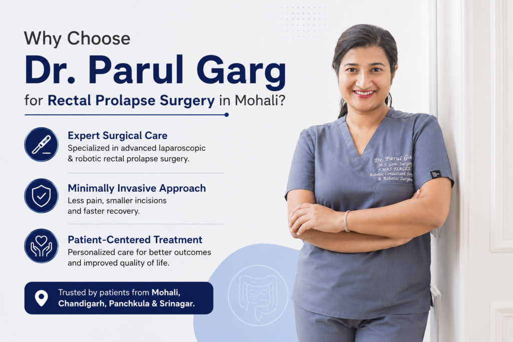 Dr Parul Garg Rectal Prolapse Specialist Mohali providing advanced laparoscopic and robotic rectal prolapse surgery